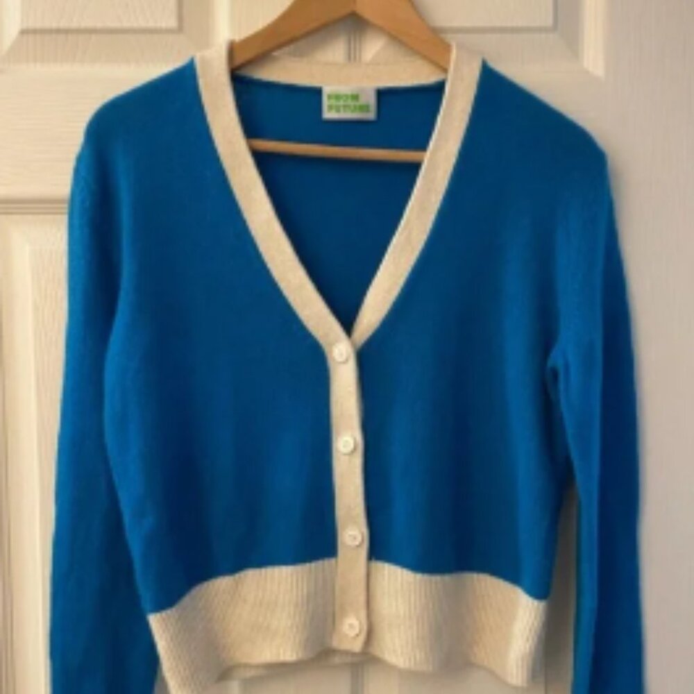 SMALL Pure Cashmere Long Sleeve V Neck Cardigan Sweater Teal Blue/Cream NWOT-